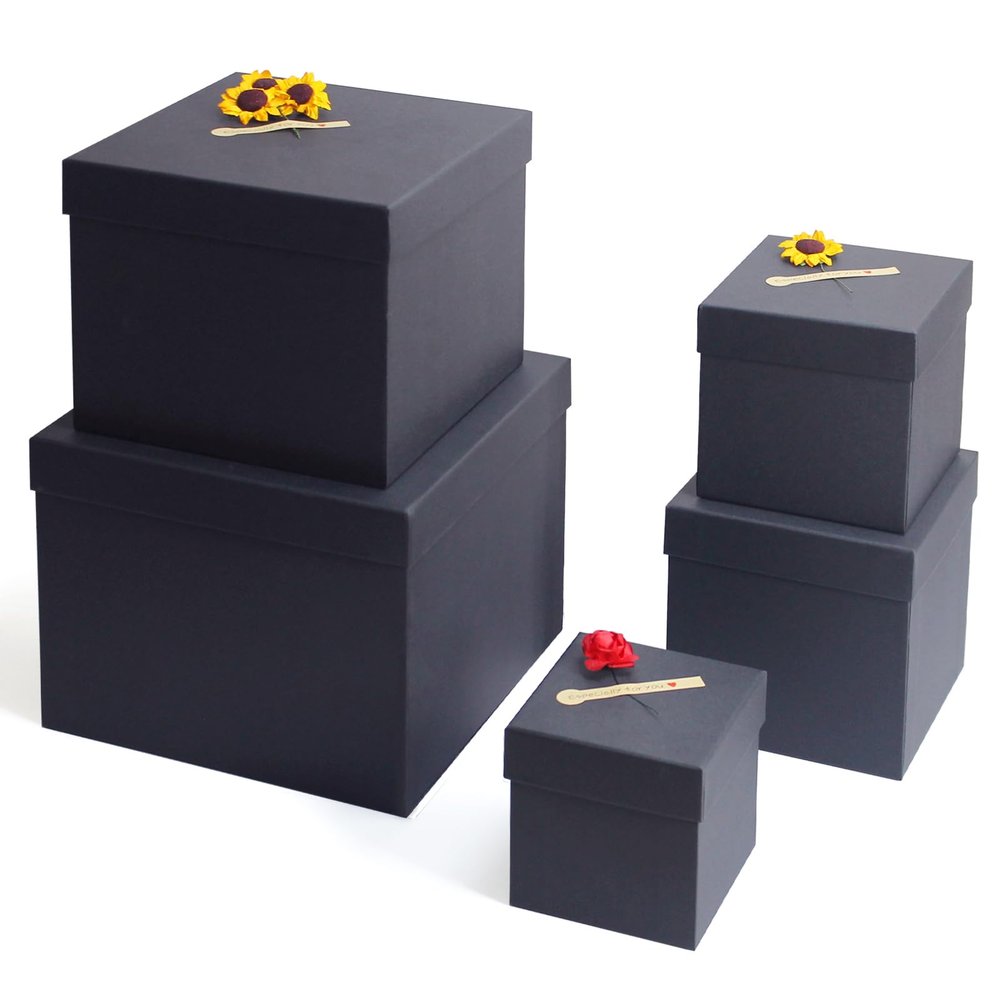 Black Gift Boxes for Presents -Nesting Set of 5 Square Gift Boxes with Lids in Assorted Sizes - Sturdy Gift Wrap Boxes for Birthdays, Anniversaries, Festivals or Special Celebration
