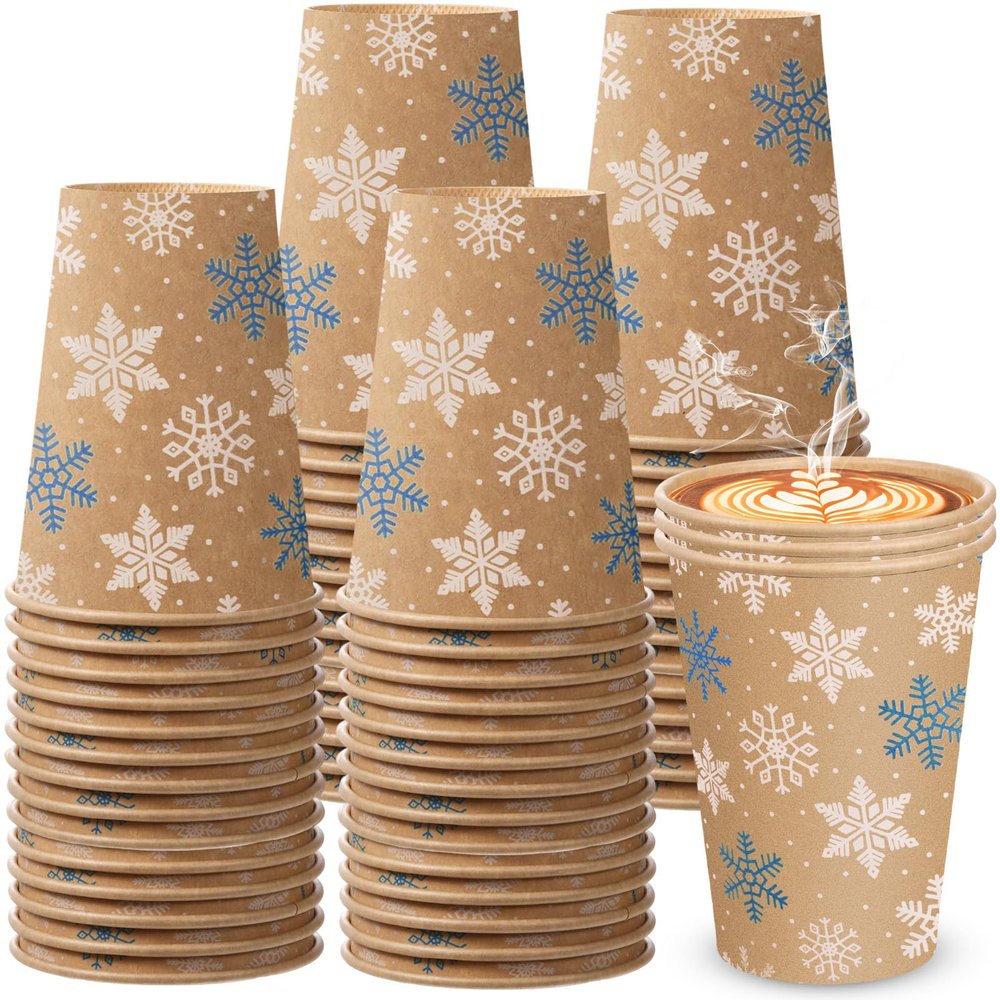 Jingmore 100 Pcs St. Patricks Day Shamrock Coffee Cups Disposable Paper 12 oz Irish Green Clover Paper Cups for Holiday Birthday Party Supplies (Snowflake)