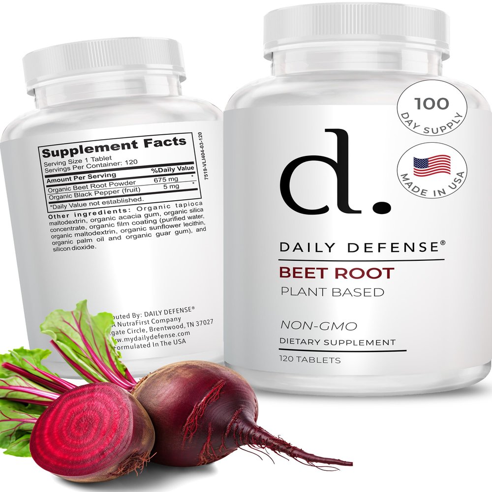 Daily Defense Beet Root Supplements - Overall Vitality & Energy Supplements for Women & Men with Organic Black Pepper Powder & Beet Root Powder - 120 Organic Pills per Bottle