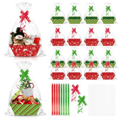 CIEOVO 24 Set Christmas Party Baskets with Cellophane, Bows, Cardboard Tray for Xmas, Holiday, Birthday Party Decor