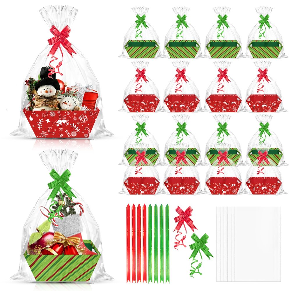 CIEOVO 24 Set Christmas Party Baskets with Cellophane, Bows, Cardboard Tray for Xmas, Holiday, Birthday Party Decor