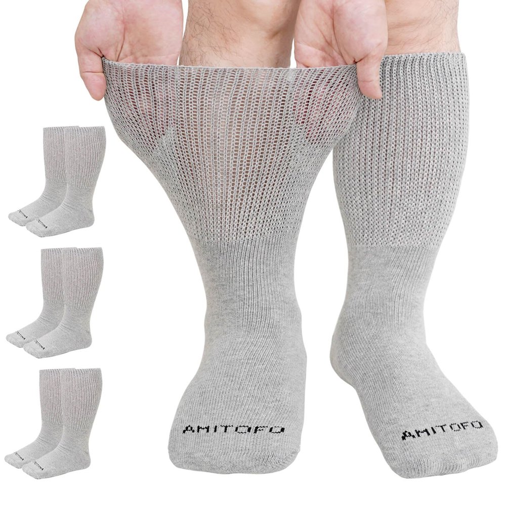Artfasion Extra Wide Diabetic Socks: 3 Pairs Width Bariatric Edema Socks for Swollen Feet Non-Binding Hospital Sock for Men Women Lymphedema Neuropathy Seniors Pregnant (9-13, Gray)