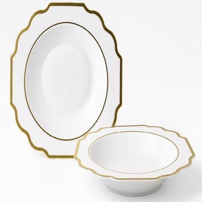 " OCCASIONS " 60 Pieces Bowls Pack, Heavyweight Disposable Wedding Party Plastic Bowls (14 oz Soup Bowl, Imperial White & Gold)