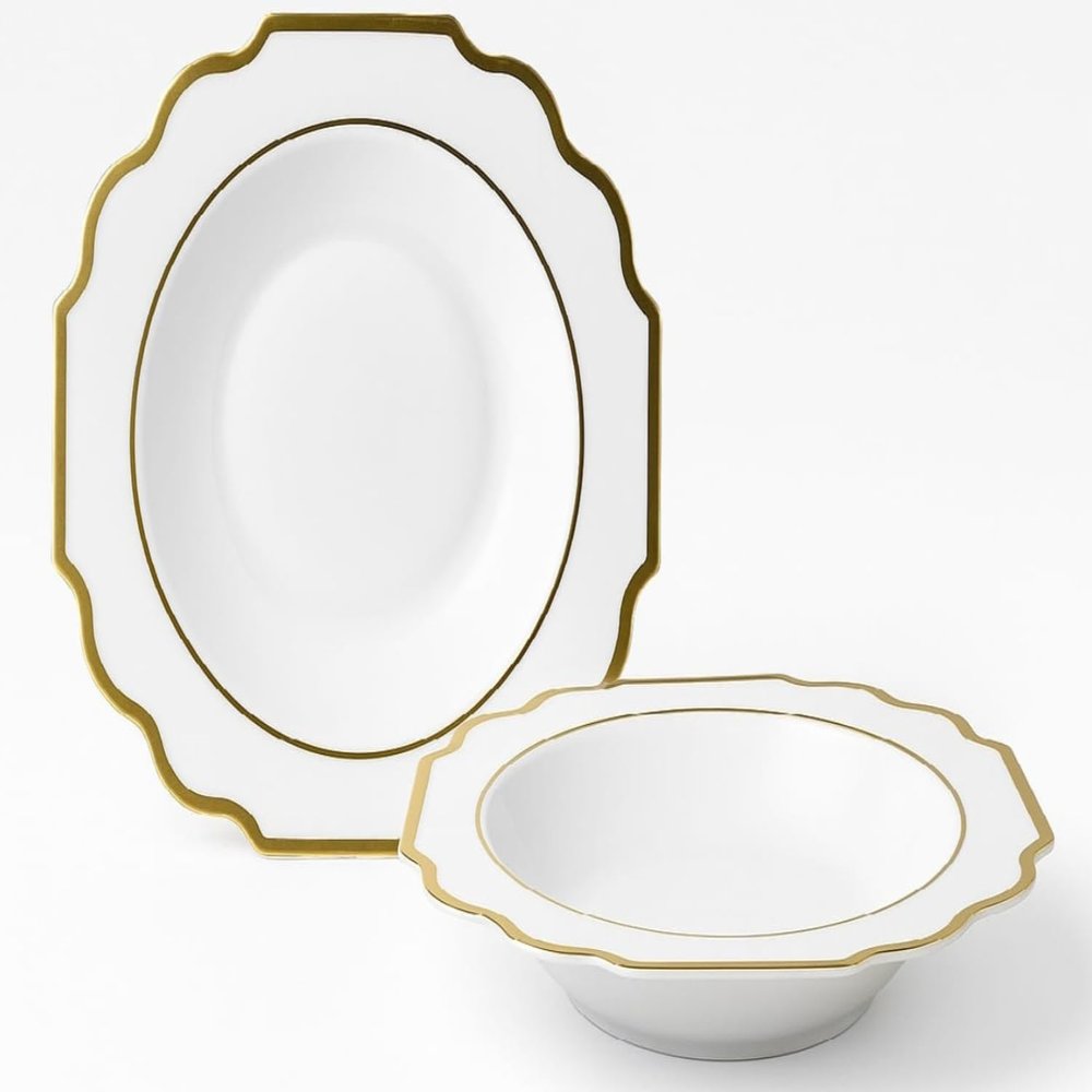 " OCCASIONS " 60 Pieces Bowls Pack, Heavyweight Disposable Wedding Party Plastic Bowls (14 oz Soup Bowl, Imperial White & Gold)