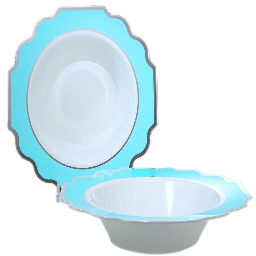 " OCCASIONS " 120 Pieces Bowls Pack, Heavyweight Disposable Wedding Party Plastic Bowls (14 oz Soup Bowl, Imperial Turquoise Blue/Green & Silver)