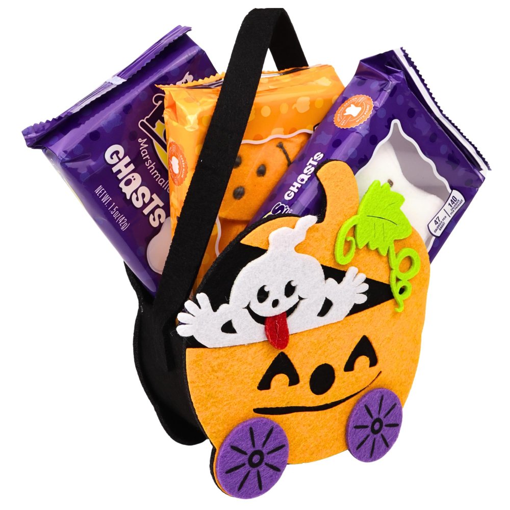 Needzo Peeps Ghosts and Pumpkins Marshmallows with Felt Trick or Treat Tote, Halloween Candy Filled Goodie Bag, 4 Items
