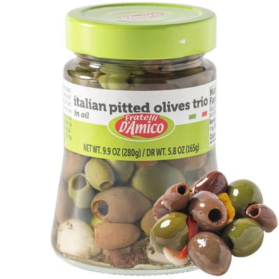 FRATELLI D'AMICO Italian Olives Mix, Pitted with garlic and red and yellow peppers, Gourmet Mediterranean Mixed Olive Trio in Oil, 9.9 oz / 280g, Product of Italy