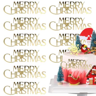 10Pcs Mirror Gold Merry Christmas Cake Toppers - Acrylic Cake Topper Decorations for Christmas Party