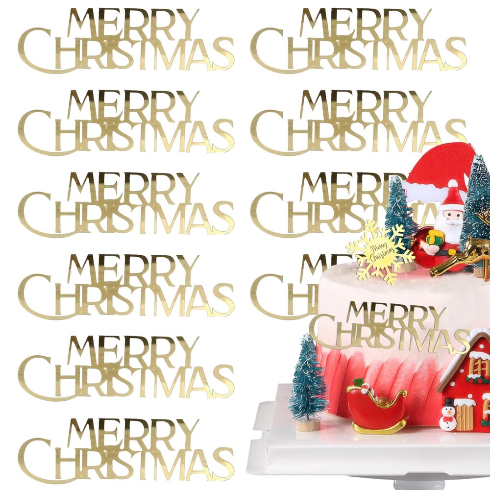 10Pcs Mirror Gold Merry Christmas Cake Toppers - Acrylic Cake Topper Decorations for Christmas Party