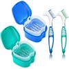 2 Pack Denture Bath Case Cup with Lid and Strainer Basket, Retainer Cleaner Case Dental False Teeth Container with 2 Travel Brushes, Lake Green and Dark Blue view 1
