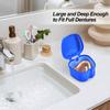 2 Pack Denture Bath Case Cup with Lid and Strainer Basket, Retainer Cleaner Case Dental False Teeth Container with 2 Travel Brushes, Lake Green and Dark Blue view 2