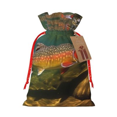 STVYUKL Burlap Christmas Drawstring Bags Brook Trout Fly Fishing Xmas Gift Bags W Tags Xmas Candy Bags Goody Gift Bags Reusable Gift Wrapping Bags Holiday Party Favors