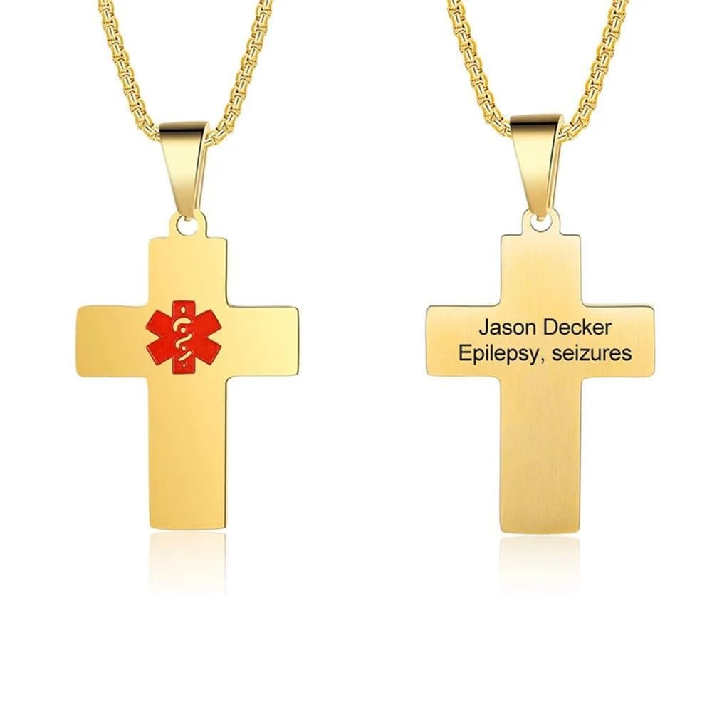 AKAIUUYBD Medical alert necklace for men Stainless steel engraved medical ID tag Emergency medical alert necklace for men and women (gold)