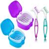 2 Pack Denture Cup Denture Bath Holder Case with Strainer Basket, Dental Retainer Cleaner Case False Teeth Container Denture Bath Soaking Cup with 2 Brushes - Purple and Blue view 1