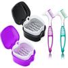 Denture Bath Case Denture Cleaning Cup with Brush Set, 2 Pack False Teeth Container Denture Storage Bath Box Case Retainer Holder Case with Strainer Basket and Lid Waterproof - Purple & Black view 1