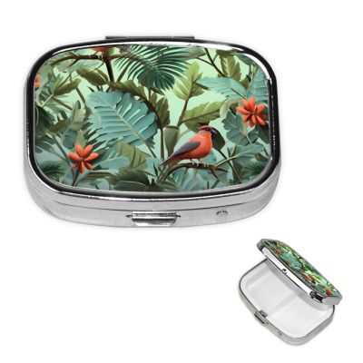 Tropical Plants Pill Box 2 Compartment Small Pill Case for Purse & Pocket Decorative Metal Medicine Case Travel Pillbox Square Pill Organizer Vitamin Container Unique Gift
