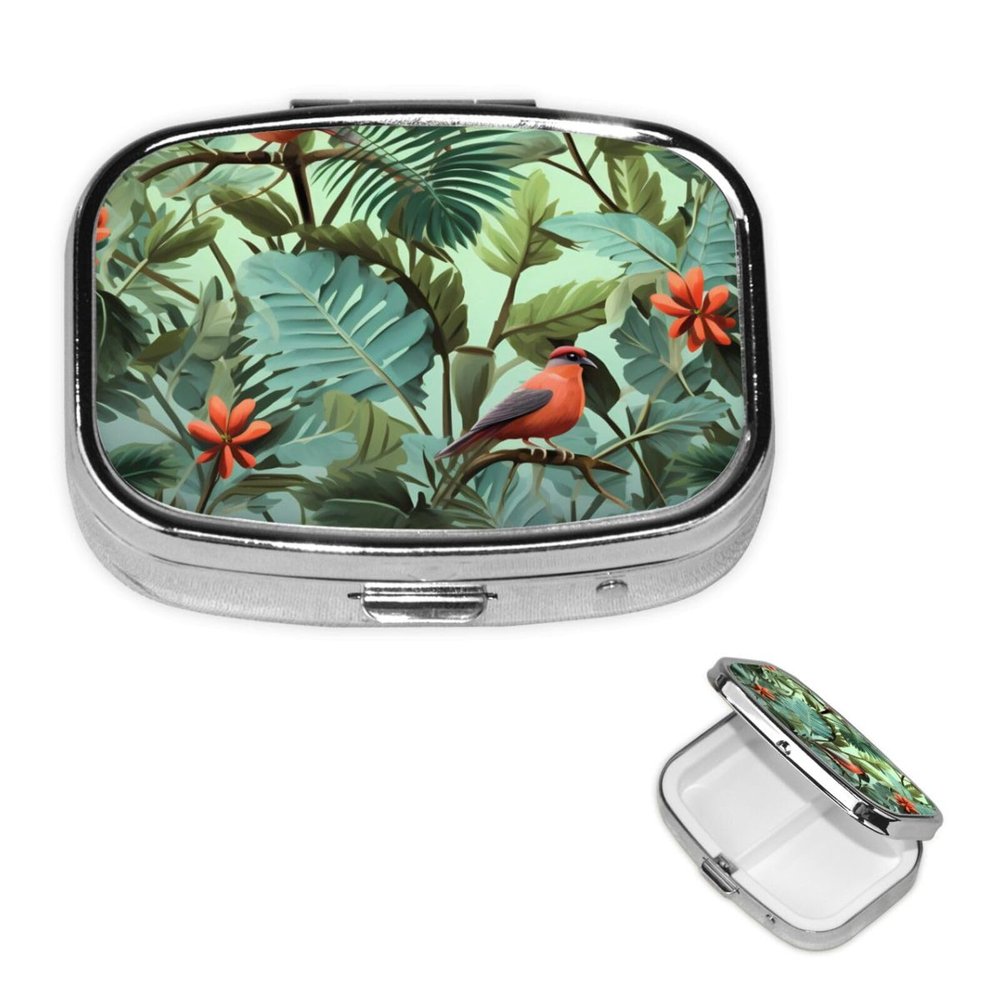 Tropical Plants Pill Box 2 Compartment Small Pill Case for Purse & Pocket Decorative Metal Medicine Case Travel Pillbox Square Pill Organizer Vitamin Container Unique Gift