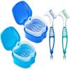 EZEELAI Denture Cups for Soaking Dentures, Partial Denture Holder Case Retainer Mouthguard Cleaning Box Case with 2 Small Brushes - Blue and Dark Blue view 1