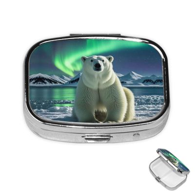 Pill Case Rectangle Pill Box with 3 Compartment Pill Organize Northern Lights Polar Bear Pillbox Small Pill Organizer Waterproof Small Pill Case for Travel Pill Containers for Medication Planner