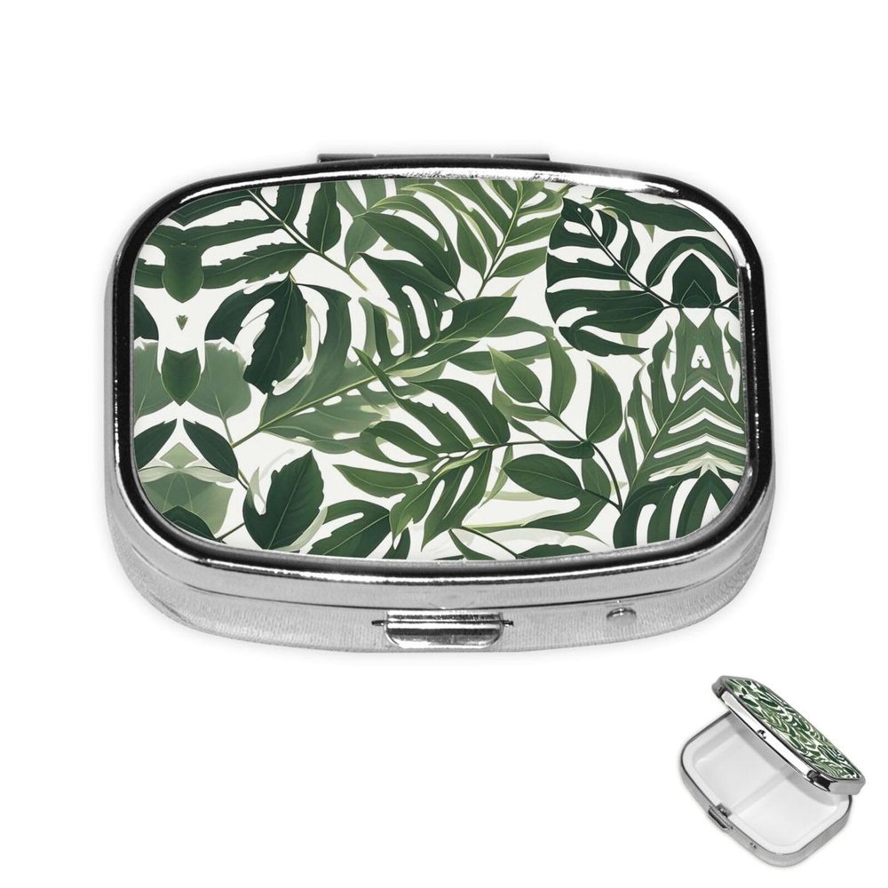 Pill Case Rectangle Pill Box with 3 Compartment Pill Organize Green and White Leaf Pillbox Small Pill Organizer Waterproof Small Pill Case for Travel Pill Containers for Medication Planner