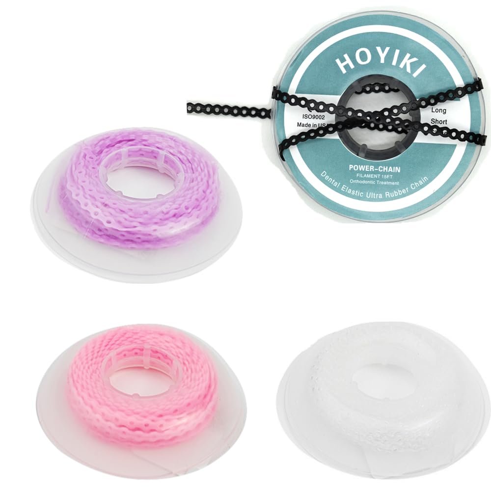 4 Pcs Dental Orthodontic Elastic Chain Power Chains Brace Orthodontic Spool Elastic Rubber Band for Teeth Braces,15ft/Roll (Purple+Black+Pink+Transparent, Closed)