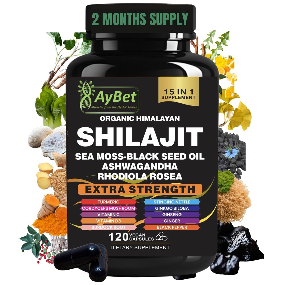 AyBet Shilajit for Men and Women-Organic Himalayan Shilajit Capsules with Sea Moss, Black Seed Oil, Ashwagandha, Rhodiola Rosea, Burdock, Cordyceps Mushroom, Ginseng, Turmeric, Ginger, 120 Capsules