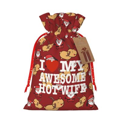 NUSDB I Love My Awesome Wife Christmas Gift Bags, Santa Wrapping Bag,with Drawstring and Tags for Reusable
