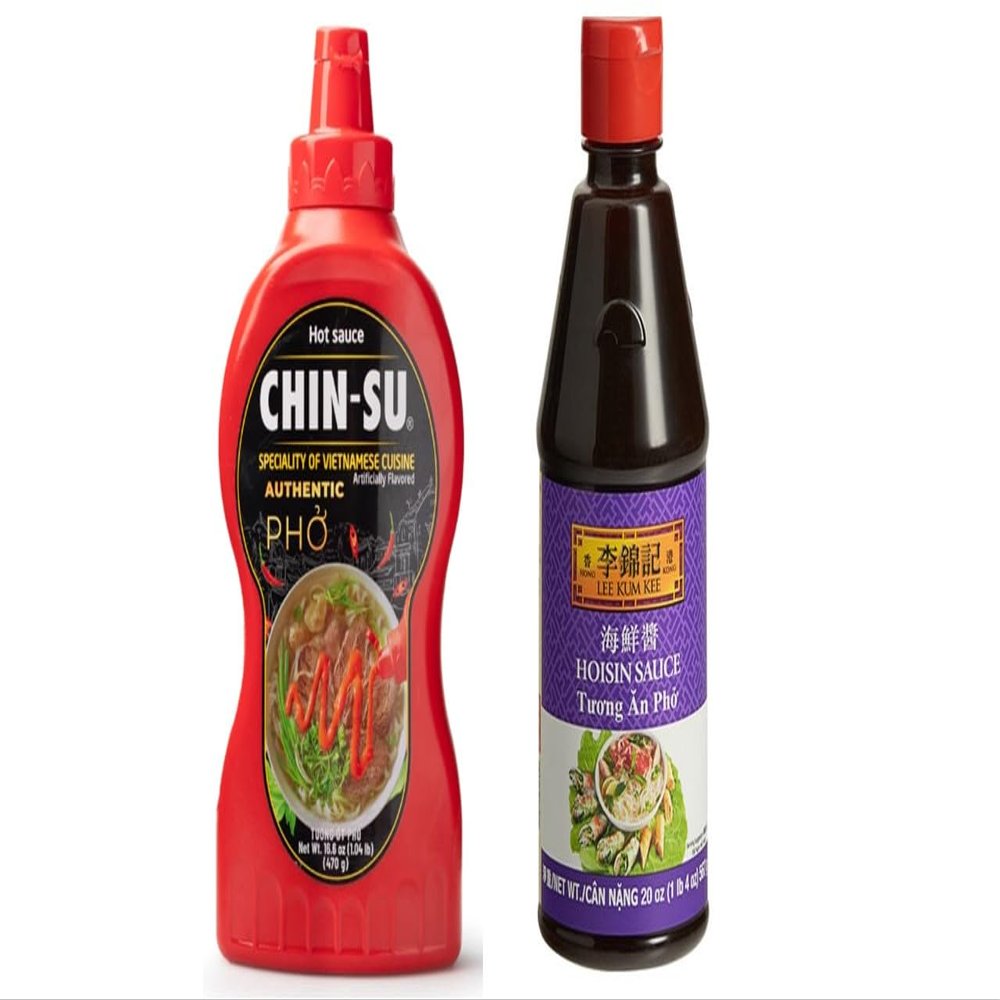 Combo Pho Hot Chili Sauce and Hoisin Sauce - Tuong Ot va Tuong Den An Pho - 2 Bottles per Order - One Bottle Hot Chili Sauce 16 Oz per Bottle and Hoisin Sauce 20 Oz per Bottle