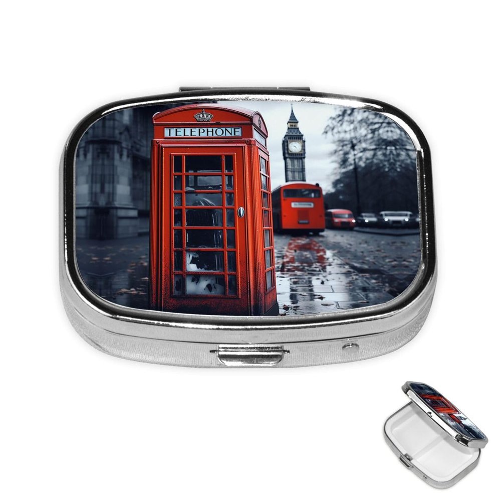 Pill Case Rectangle Pill Box with 3 Compartment Pill Organize UK Retro London Telephone Pillbox Small Pill Organizer Waterproof Small Pill Case for Travel Pill Containers for Medication Planner
