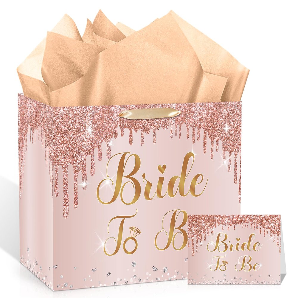 11.8x9.4x5.3In Bride Gift Bag Rose Gold Bridal Shower Gift Bags with Cards Tissue Paper Large Bridal Gift Wrapping Bag Bachelorette Engagement Wedding Shower Gift Bag for Rose Gold Christmas Bride to Be Party Decoration