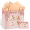 11.8x9.4x5.3In Bride Gift Bag Rose Gold Bridal Shower Gift Bags with Cards Tissue Paper Large Bridal Gift Wrapping Bag Bachelorette Engagement Wedding Shower Gift Bag for Rose Gold Christmas Bride to Be Party Decoration view 1