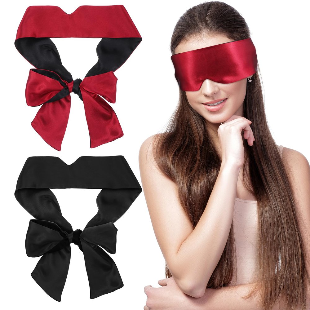 4Pcs Satin Blind Fold for Game, Soft Silk Blackout Blindfold for Adults Couples, 57'' V-Shaped Sleeping Eye Mask, Adjustable Eye Shade Cover, Travel Blind Folds for Adult Play Women Men Meditation