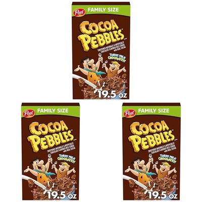 Cocoa PEBBLES Cereal, Chocolatey Kids Crunch, Gluten Free Sweetened Rice Crunch, 19.5 oz Family Size Cereal Box (Pack of 3)