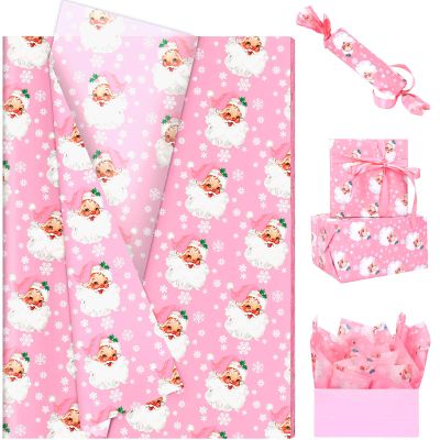100 Sheets Pink Xmas Santa Tissue Paper, 20 x 14in Snowflake Print Wrapping Tissue Cute Santa Art Decorative for Christmas Girls Baby Shower Birthday Party Supplies (Pink)