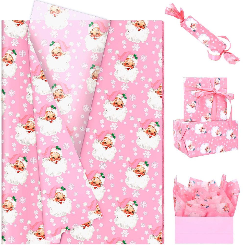100 Sheets Pink Xmas Santa Tissue Paper, 20 x 14in Snowflake Print Wrapping Tissue Cute Santa Art Decorative for Christmas Girls Baby Shower Birthday Party Supplies (Pink)
