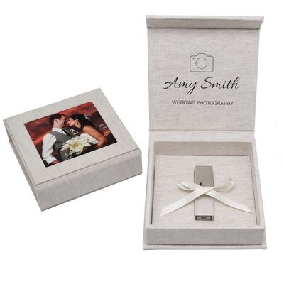 Customized Logo Flash Drives Cream Linen Box Packing, USB Presentation Gift Boxes with Picture Window