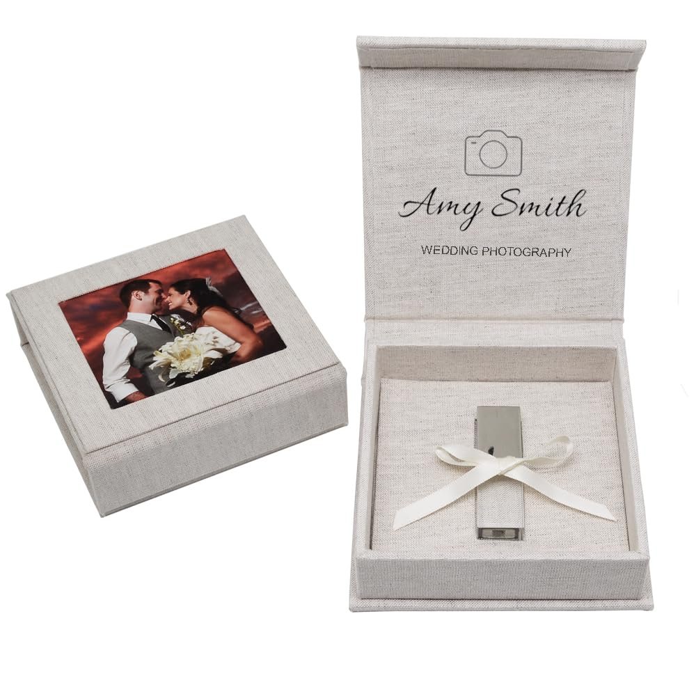 Customized Logo Flash Drives Cream Linen Box Packing, USB Presentation Gift Boxes with Picture Window