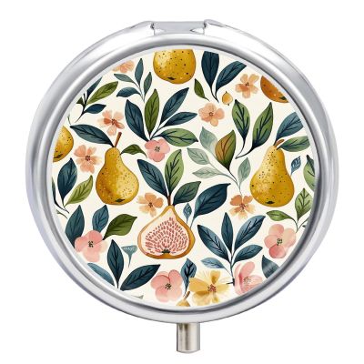 3 Compartment Medicine Pill Case Figs and Pears Printed Round Pill Box Small Pill Organizer Box for Pocket Purse Briefcase Pills Medicine Cod Liver Oil Storage Box Earplug Case