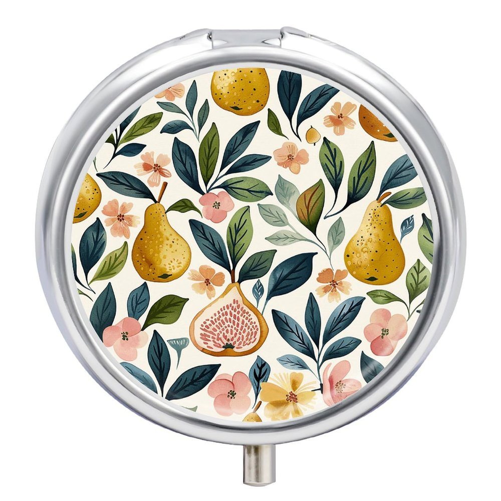 3 Compartment Medicine Pill Case Figs and Pears Printed Round Pill Box Small Pill Organizer Box for Pocket Purse Briefcase Pills Medicine Cod Liver Oil Storage Box Earplug Case