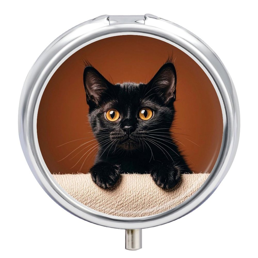 3 Compartment Medicine Pill Case Cute Peeping Black Cat Printed Round Pill Box Small Pill Organizer Box for Pocket Purse Briefcase Pills Medicine Cod Liver Oil Storage Box Earplug Case