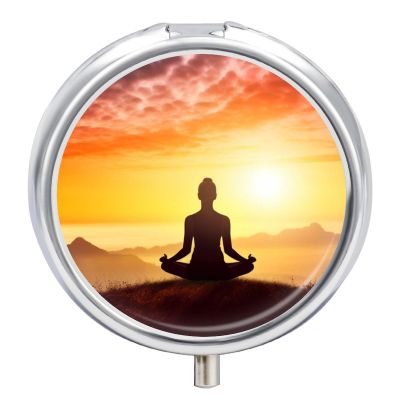 3 Compartment Medicine Pill Case Yoga Meditation Printed Round Pill Box Small Pill Organizer Box for Pocket Purse Briefcase Pills Medicine Cod Liver Oil Storage Box Earplug Case