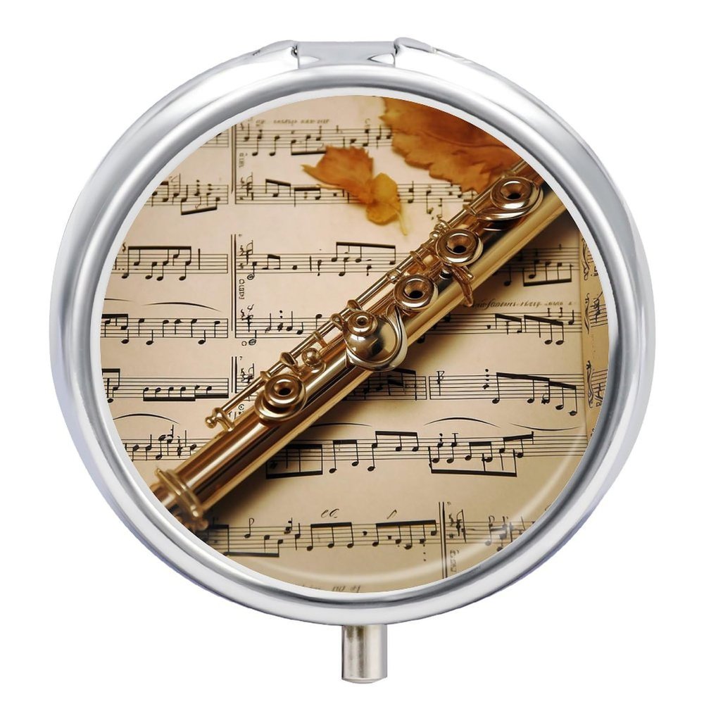 3 Compartment Medicine Pill Case Flute Music Printed Round Pill Box Small Pill Organizer Box for Pocket Purse Briefcase Pills Medicine Cod Liver Oil Storage Box Earplug Case
