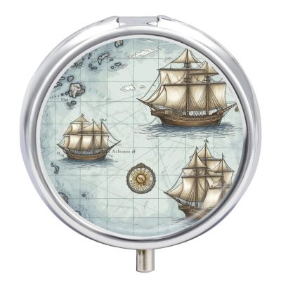 3 Compartment Medicine Pill Case Boat Map Printed Round Pill Box Small Pill Organizer Box for Pocket Purse Briefcase Pills Medicine Cod Liver Oil Storage Box Earplug Case