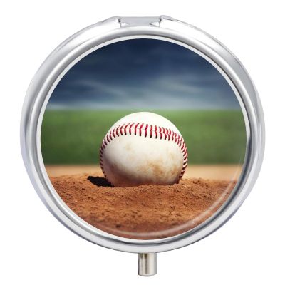 3 Compartment Medicine Pill Case Baseball Printed Round Pill Box Small Pill Organizer Box for Pocket Purse Briefcase Pills Medicine Cod Liver Oil Storage Box Earplug Case