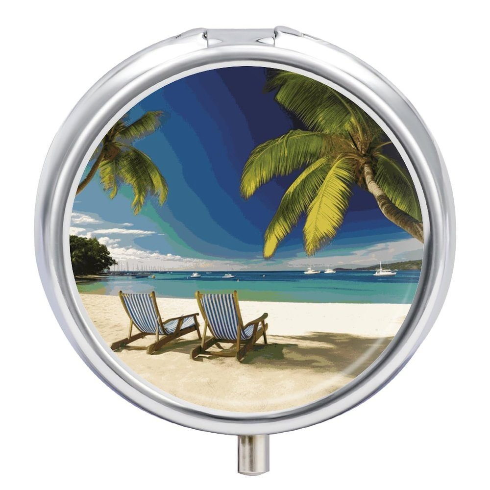 3 Compartment Medicine Pill Case Beach Palm Tree Chairs Boats Printed Round Pill Box Small Pill Organizer Box for Pocket Purse Briefcase Pills Medicine Cod Liver Oil Storage Box Earplug Case