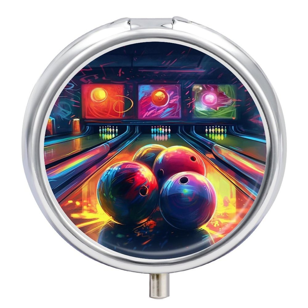 3 Compartment Medicine Pill Case Bowling Balls Printed Round Pill Box Small Pill Organizer Box for Pocket Purse Briefcase Pills Medicine Cod Liver Oil Storage Box Earplug Case