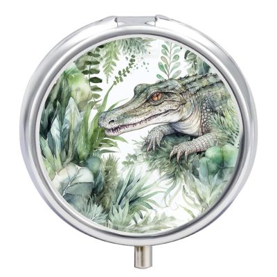 3 Compartment Medicine Pill Case Crocodile Green Printed Round Pill Box Small Pill Organizer Box for Pocket Purse Briefcase Pills Medicine Cod Liver Oil Storage Box Earplug Case