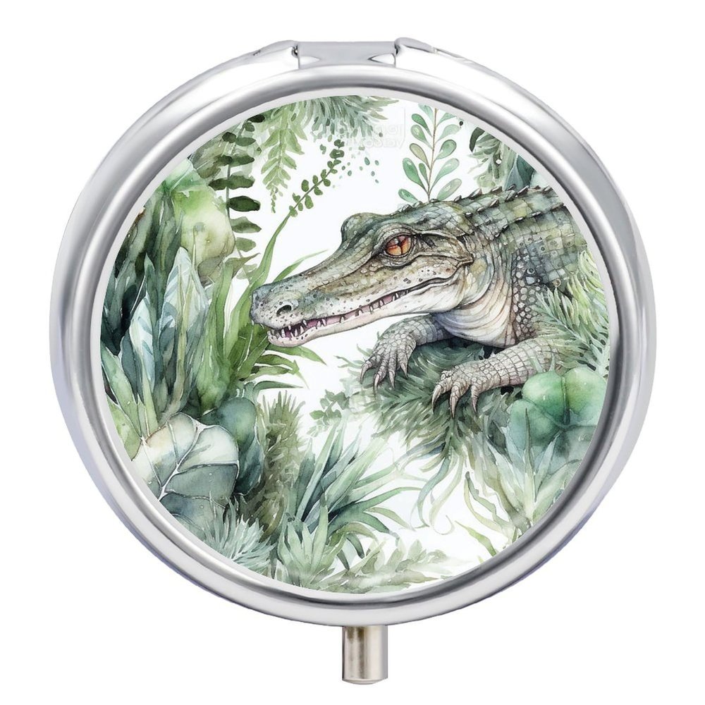 3 Compartment Medicine Pill Case Crocodile Green Printed Round Pill Box Small Pill Organizer Box for Pocket Purse Briefcase Pills Medicine Cod Liver Oil Storage Box Earplug Case