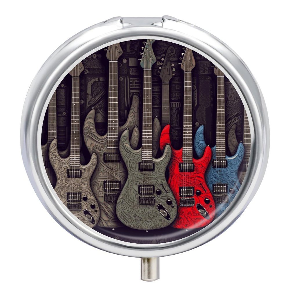 3 Compartment Medicine Pill Case Guitar Pattern Printed Round Pill Box Small Pill Organizer Box for Pocket Purse Briefcase Pills Medicine Cod Liver Oil Storage Box Earplug Case