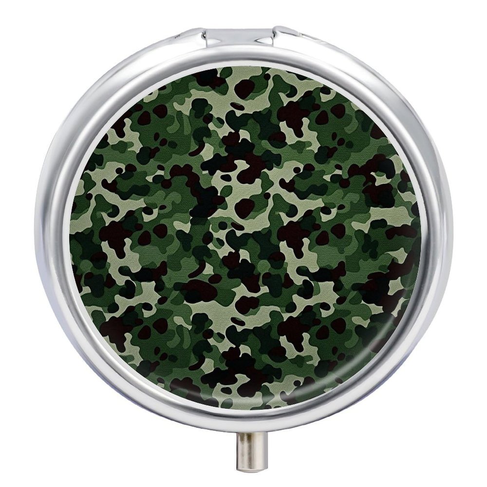 3 Compartment Medicine Pill Case Green Camouflage Printed Round Pill Box Small Pill Organizer Box for Pocket Purse Briefcase Pills Medicine Cod Liver Oil Storage Box Earplug Case